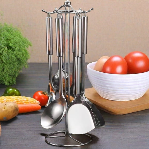 Stainless steel kitchenware 7-piece set, for kitchen cooking, kitchenware set with stir-fry spatula, frying spatula, soup spoon, colander, meat fork, rice spoon