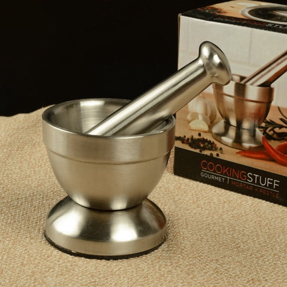Stainless steel mortar and pestle set. Mortar and pestle feature no-hole, solid stainless steel grinding surfaces for long-lasting durability and easy cleaning. Ideal for herbs, spices, garlic, and k