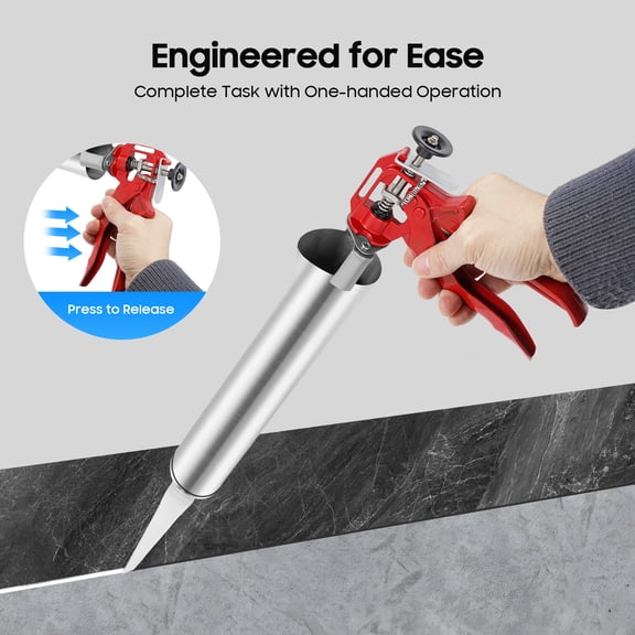 Stainless steel mortar pointing gun injector, manual caulk gun for grout 2-5mm gaps, red plastic handle with polished silver barrel, easy to assemble for construction use