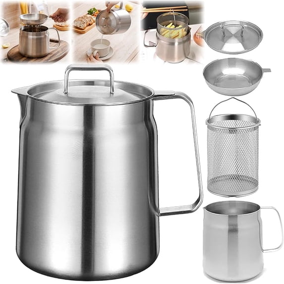 Stainless steel oil filter pot, 304 stainless steel large capacity versatile oil filter vessel, cooking oil filter, stainless steel pot oil strainer for deep fryer kitchen (2L)