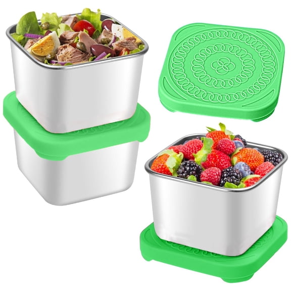 Stainless steel snack containers, 3 pack leakproof lunch containers, 6 ounce small metal food storage, silicone lids for office travel