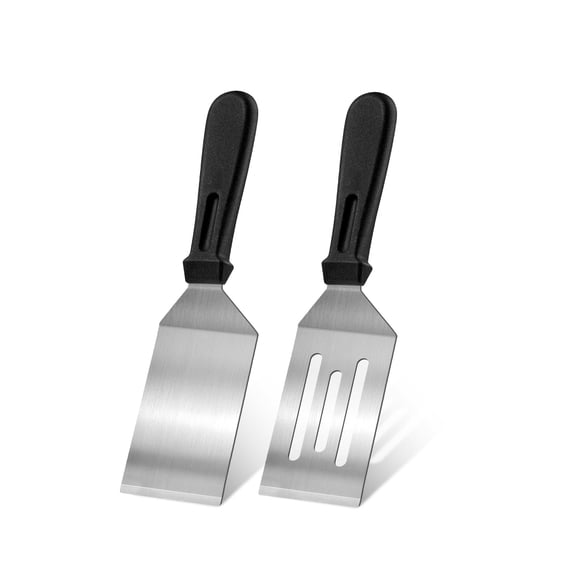 Stainless steel spatulas 2 pieces, 9.8 inch metal spatula set for flipping pancakes, eggs, burgers, desserts, griddle scraping, BBQ, with heat resistant handle, black