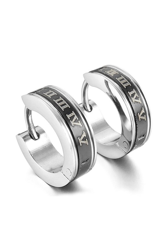 Stainless steel stud plugs hoop earrings ear studs Black Silver Roman numerals classic polished men, women