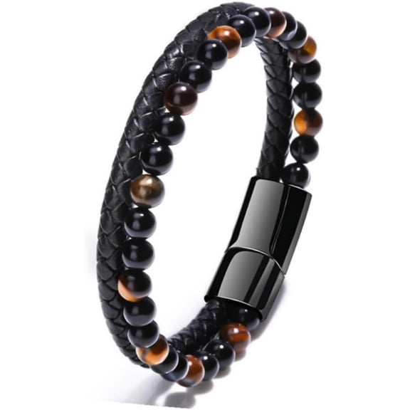Stainless steel tiger eye stone cuff leather bracelet with bead, hand woven double-layer men's bracelet