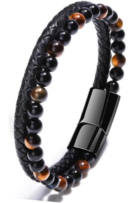 Stainless steel tiger eye stone cuff leather bracelet with bead, hand woven double-layer men's bracelet