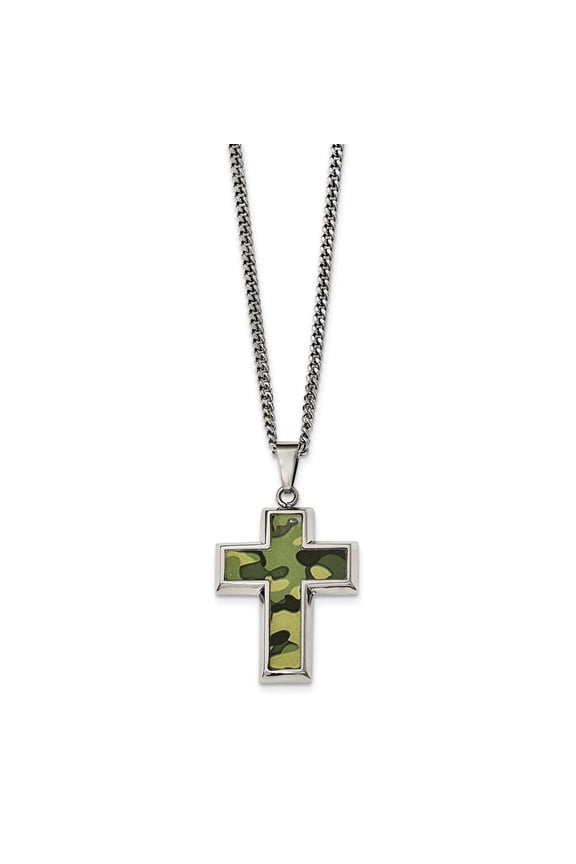 Stainlesssteel Polished Printed Greencamo Under Rubber Crossnecklace - 22 Inch - Measures 28.06mm Wide