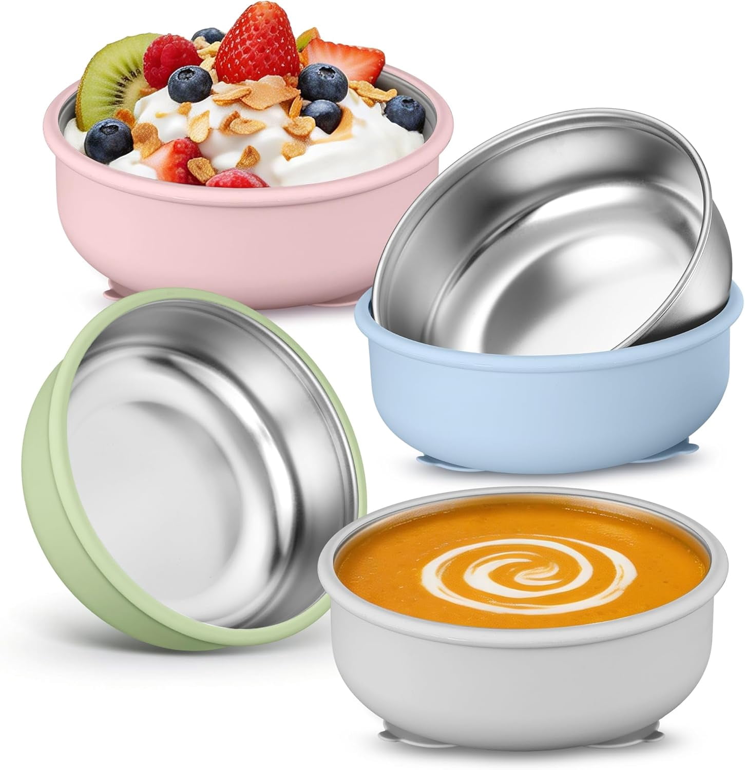 Stainlss Stl Baby Bowls with Suction, 4 Pack Rmovabl Colorful Silicon Slv Toddlrs Kids Bowl, Non-Toxic Snack Containr for Baby Food Fding, Non-Slip & Unbrakabl, Dishwashr Saf