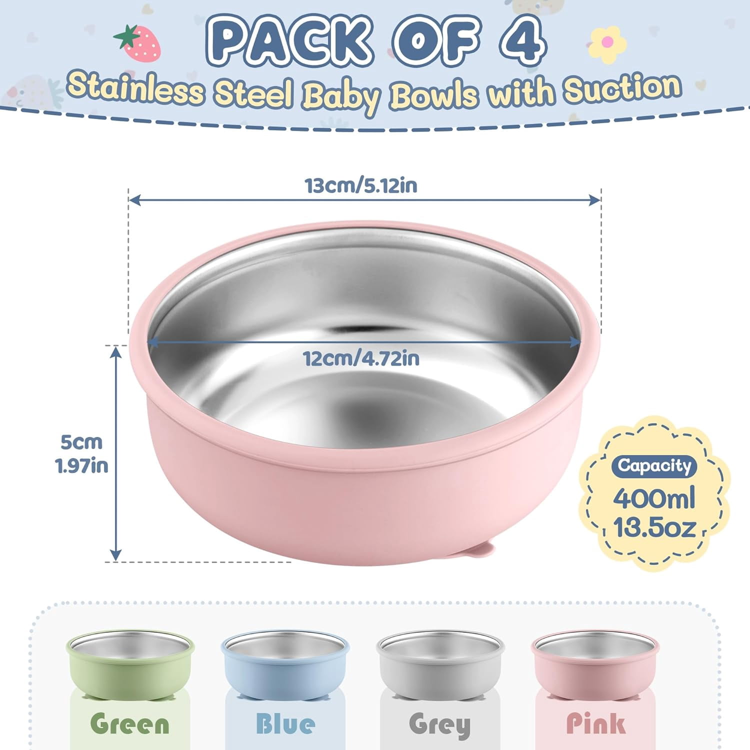 Stainlss Stl Toddlr Bowls and Plats with Suction Bundl, 4-Pack 9" Kids Plats and 4-Pack 5" Baby Bowls, Non-Slip & Unbrakabl, Dishwashr Saf