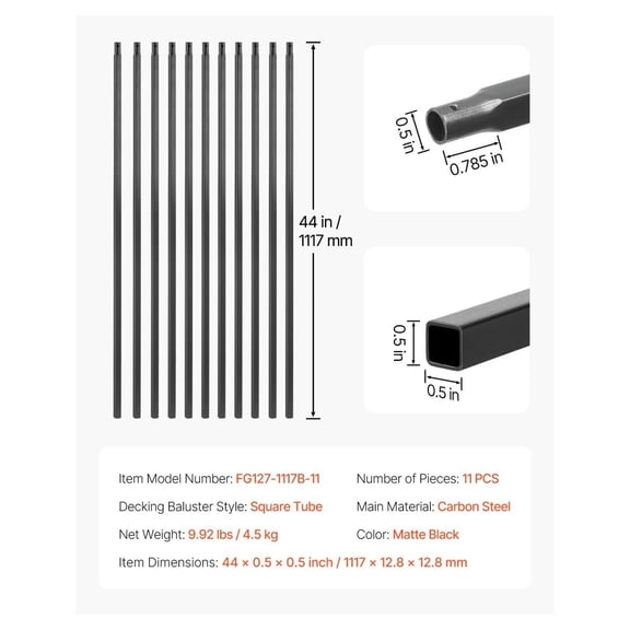 Stair Balusters 11 Pack 44 Inch, Carbon Steel Indoor Staircase Spindles, Black Metal Railing Posts for Stairway, Durable & Stable Staircase Parts