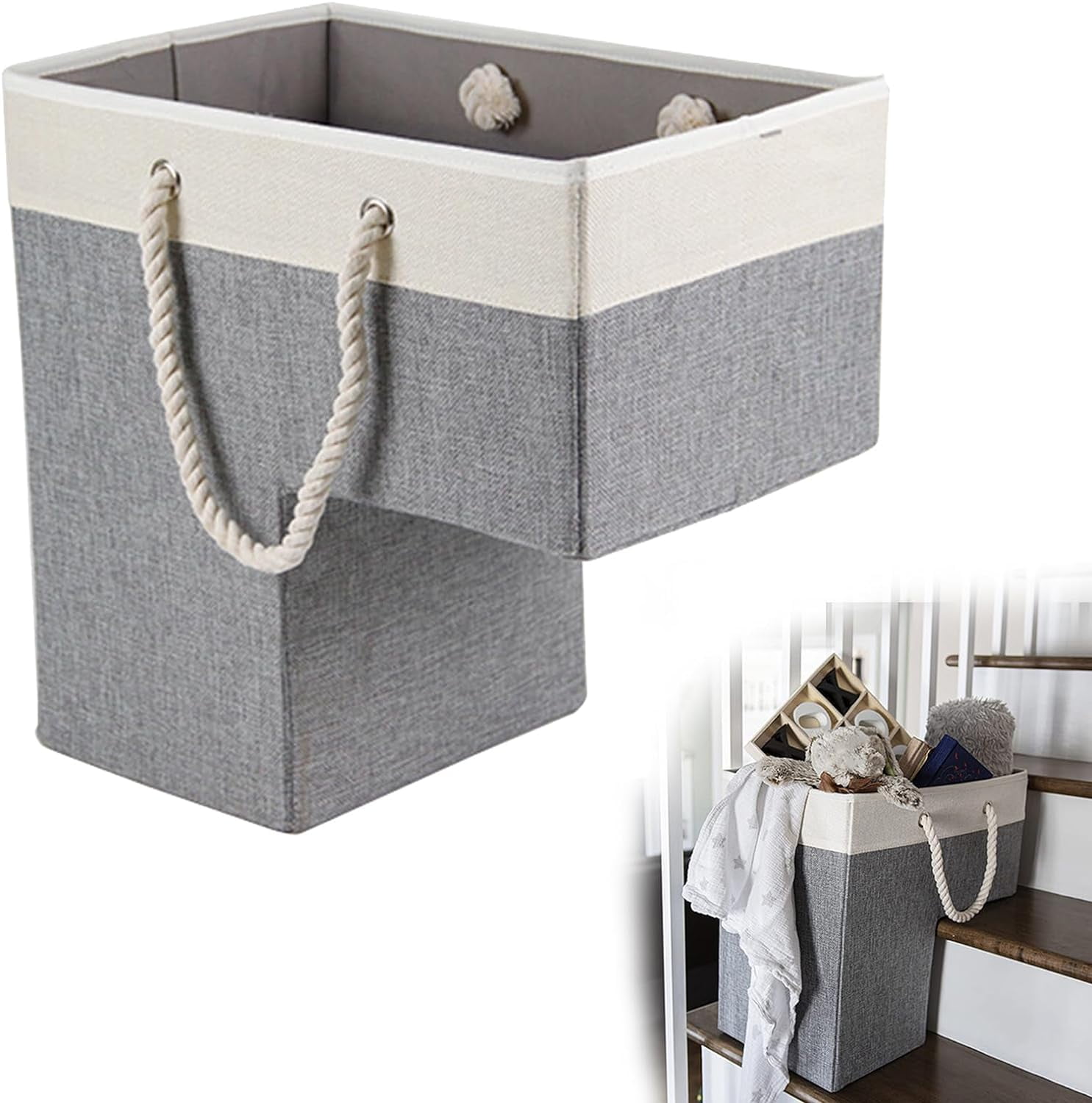 Stair Basket, Stair Baskets for Wooden Stairs with Portable Cotton Rope Handle, Stair Baskets