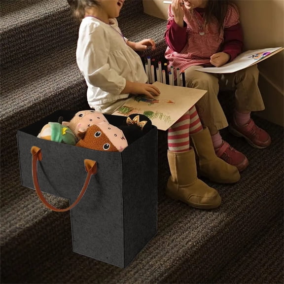 Stair Basket For Carpeted & Wooden Stairs With Leather Handles – Foldable Step Storage Organizer For Home