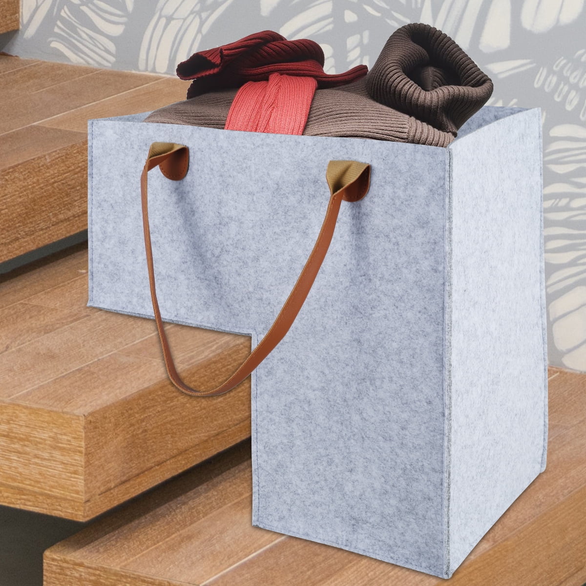 Stair Basket with Leather Handles Felt LShape Large Capacity Stair Step Bin Space Saving