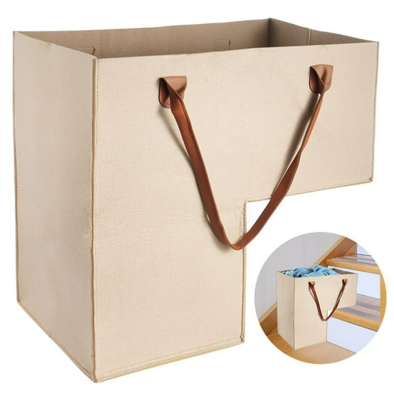 Stair Baskets for 16" Carpeted and Wooden Stairs Foldable Staircase Basket with Leather Handles Felt Stair Step Storage Organizer for Home Laundry Toys