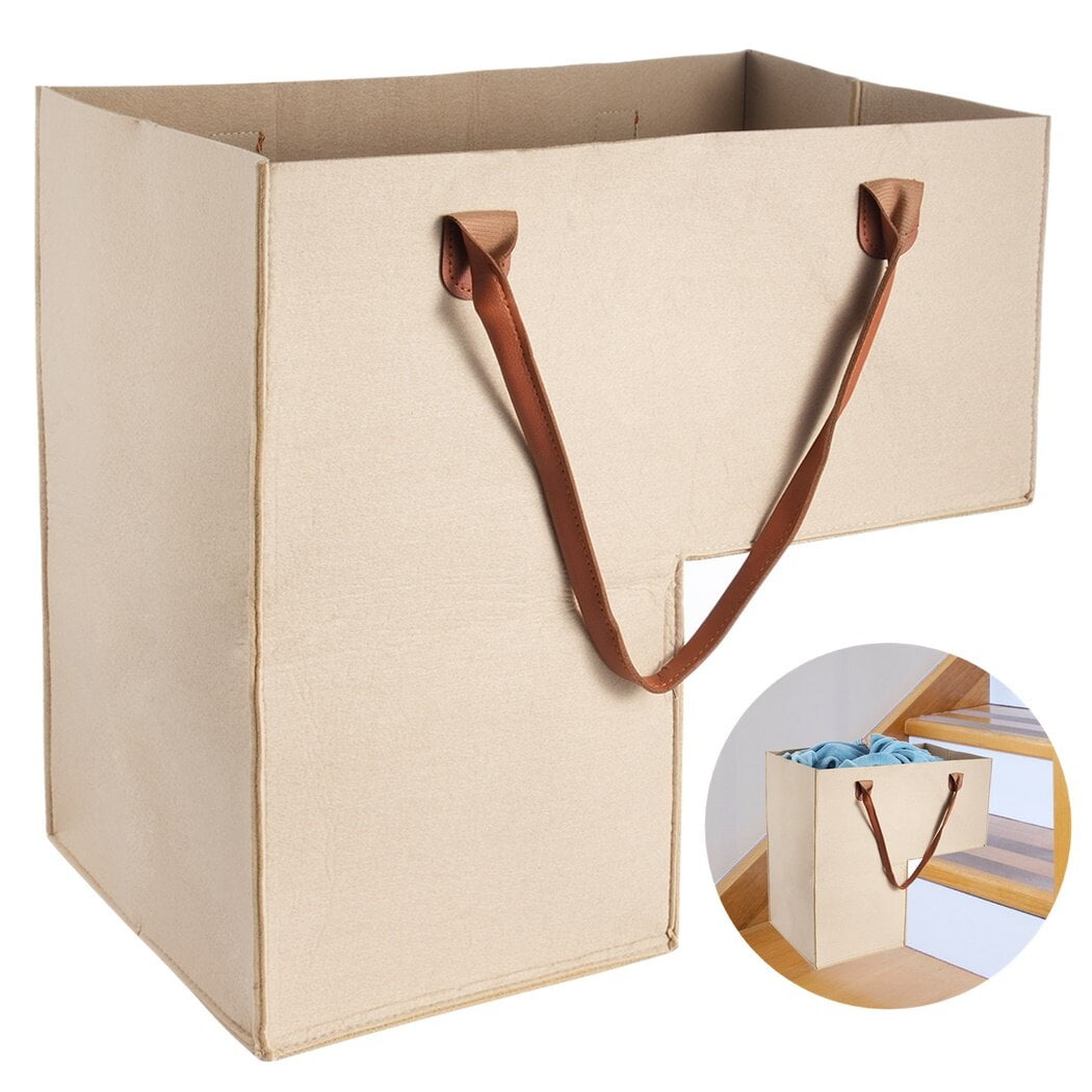 Stair Baskets for 16" Carpeted and Wooden Stairs Foldable Staircase Basket with Leather Handles