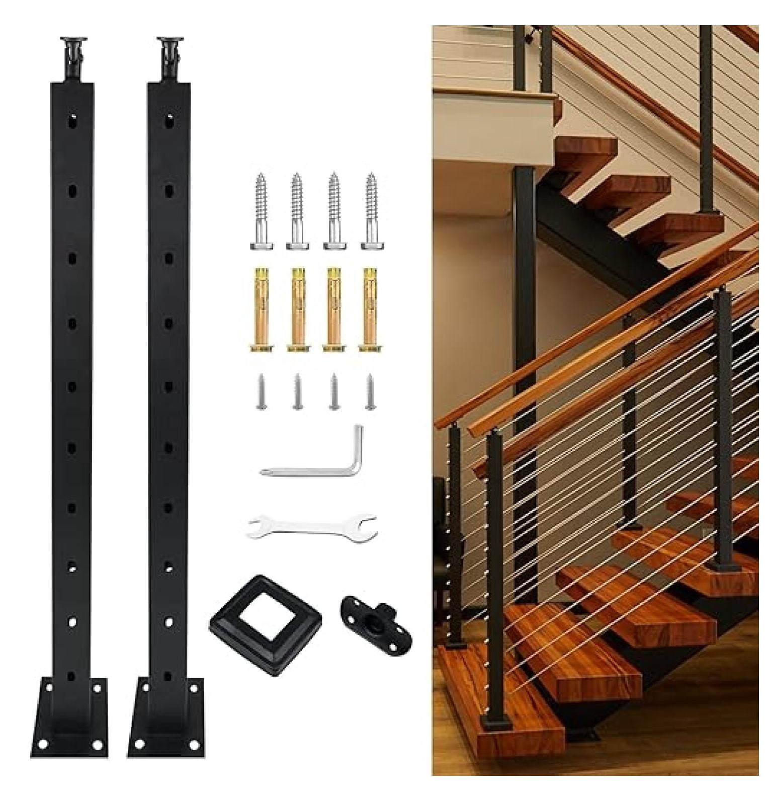 2 Angled Railing Stair Cable Railing Post 36 x 2 x 2,30° Angled Deck Stair Post Cable ...