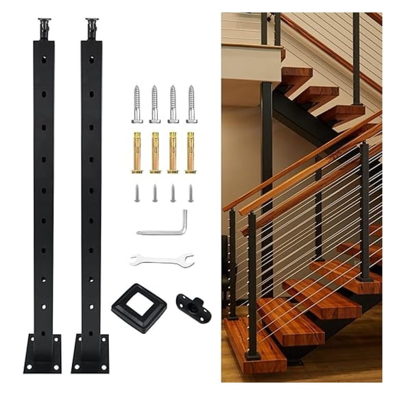 Stair Cable Railing Post 36 x 2 x 2,30 Angled Deck Stair Post Cable Handrail Post,Black Lacquer Finishing Deck Railing Pre-Drilled Pickets with Adjustable Top Cable Railing Post (2Pack)