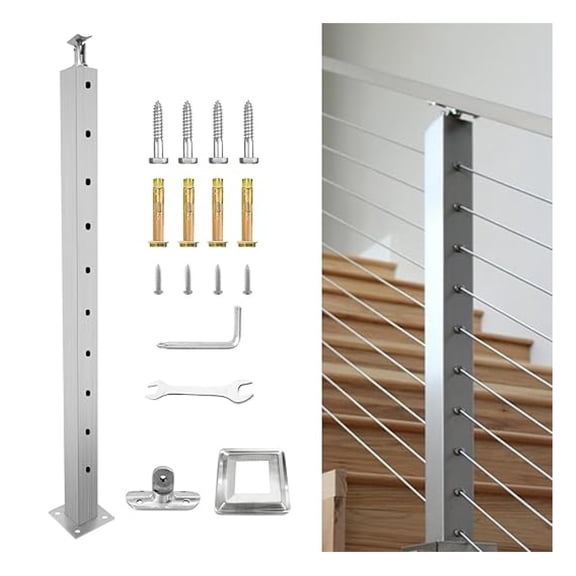 Stair Cable Railing Post 42 x 2 x 2",30 Angled Stair Post Cable Handrail Post,Stainless Steel Pre-Drilled Pickets with Adjustable Top Cable Railing Post (Brushed Silver 1Pack)