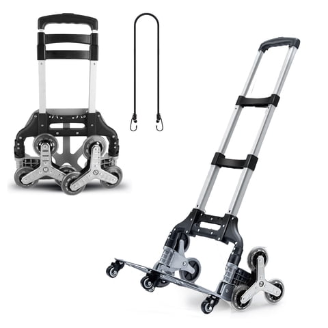 Stair Climbing Cart, 220 lbs Capacity, Foldable Heavy-Duty Hand Truck with 33.8-41.7 inch Adjustable Handle Height, 4 Universal Wheels & Elastic Ropes, Multipurpose Dolly for Warehouse Shopping