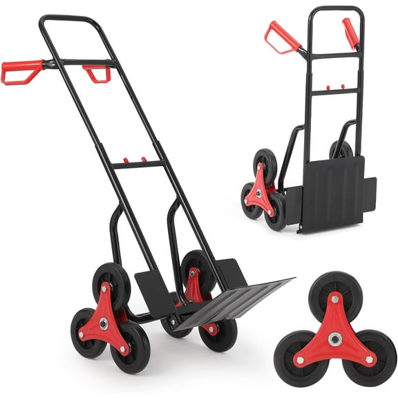 Stair Climbing Hand Truck 330lb, Heavy Duty Dolly Cart for Stairs, Thickened Upgraded Steel Tube Folding Stair Climbing Trolley with Six Wheels and Telescoping Handle, Red