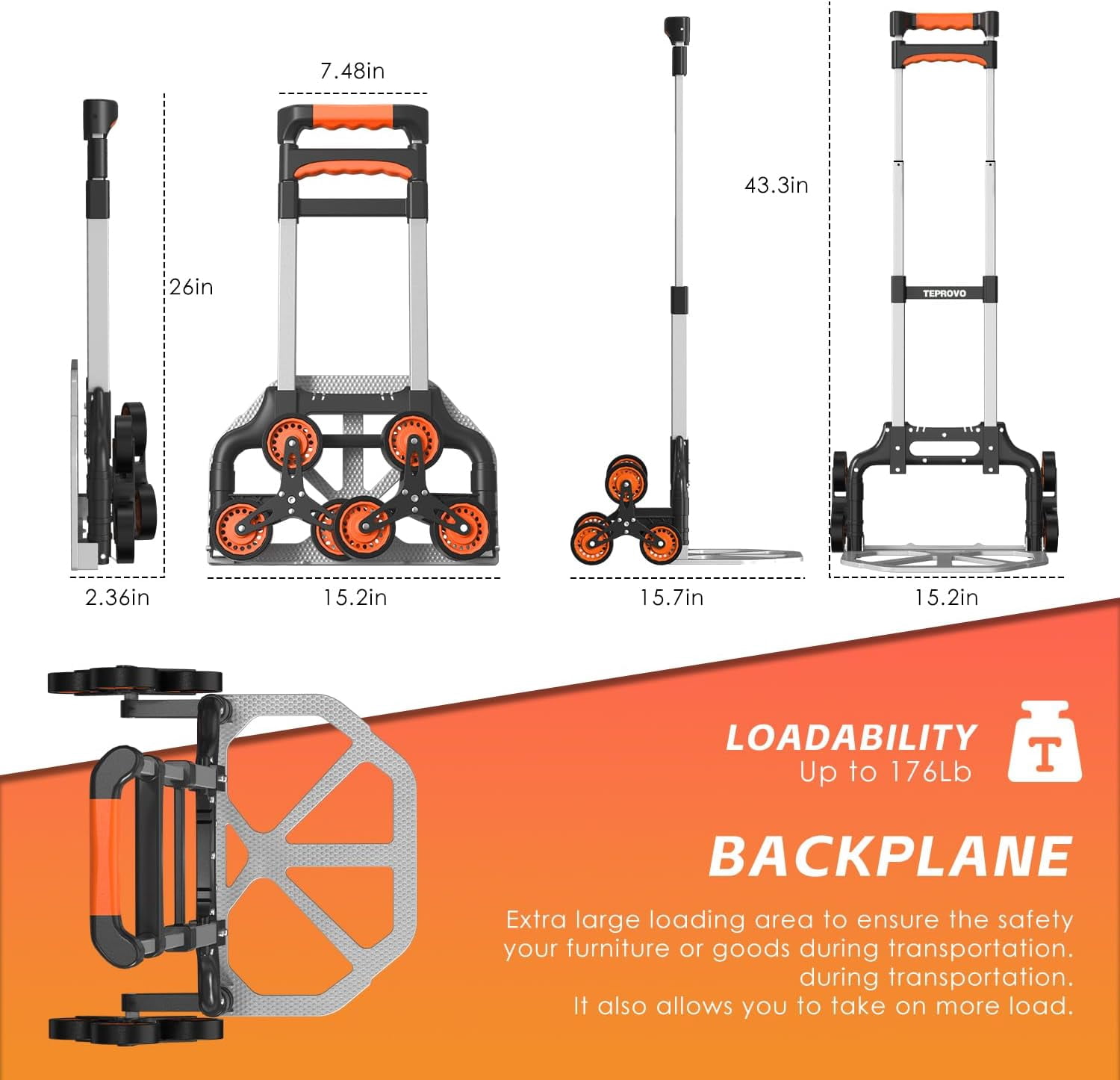 Stair Climbing Hand Truck Foldable Aluminum Dolly Cart 6-Wheel Stairs Climber 43.3 Handle 176 lb Flat Load Home Warehouse No Assembly