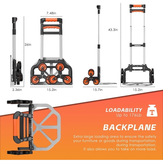 Stair Climbing Hand Truck Foldable Aluminum Dolly Cart 6-Wheel Stairs Climber 43.3 Handle 176 lb Flat Load Home Warehouse No Assembly