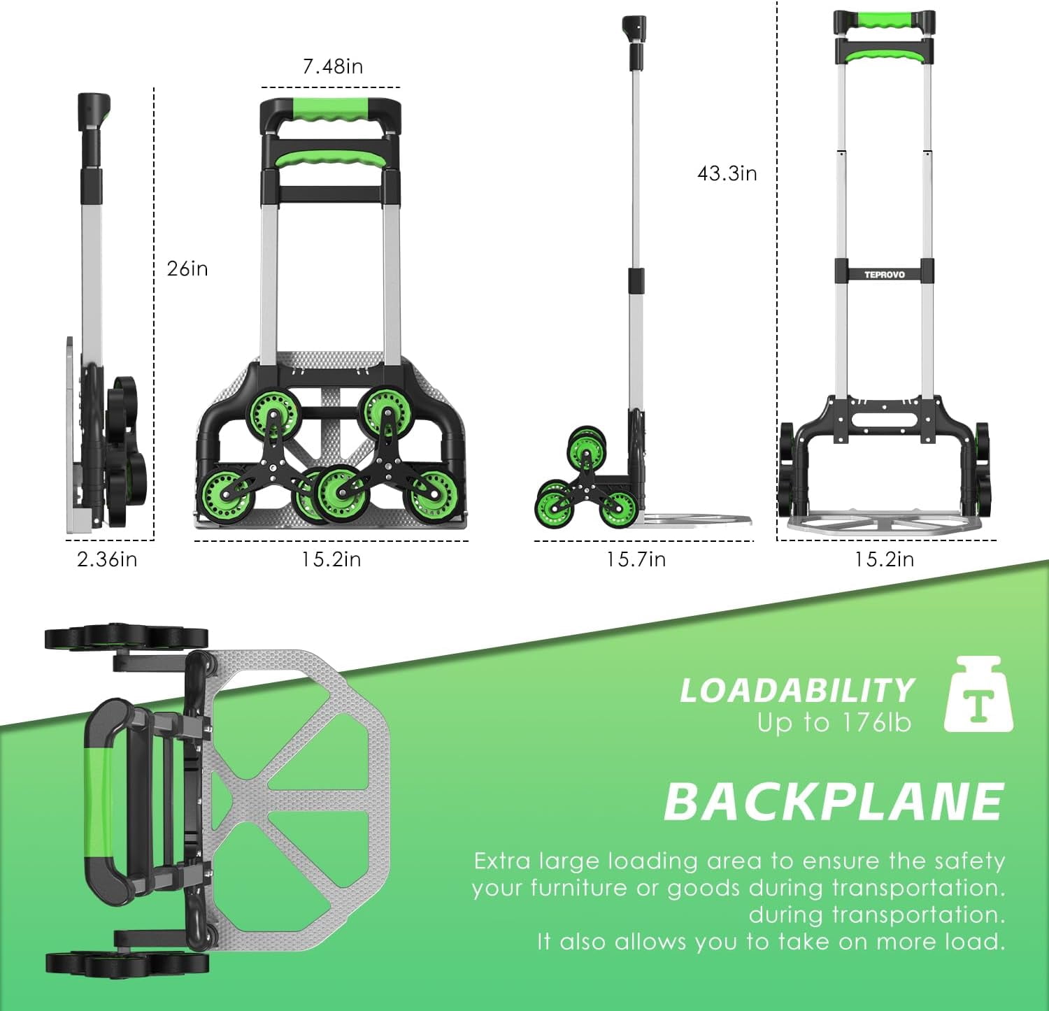 Stair Climbing Hand Truck Foldable Aluminum Dolly Cart 6-Wheel Stairs Climber 43.3 Handle 176lb Flat Load Home Warehouse No Assembly