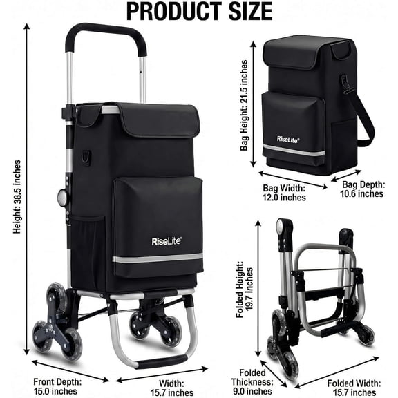 Stair Climbing Shopping Cart for Seniors, Tri-Wheel Grocery Trolley with Insulated Cooler & Adjustable Handle, 110 lbs Capacity Waterproof Foldable Utility Hand Truck