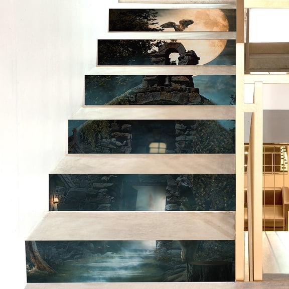Stair Decals - Halloween haunted house owl pattern wall sticker step decoration sticker, Stair Stickers Decals Peel and Stick, Stair Risers Decals Self-Adhesive for Home Decor, 39.3" W x 7" H