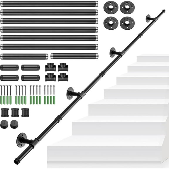 Stair Handrail, 3M Black Banister Handrail, Industrial Pipe Clothes Rail, Outdoor Indoor Industrial Pipe Stair Banister for Elder and Child