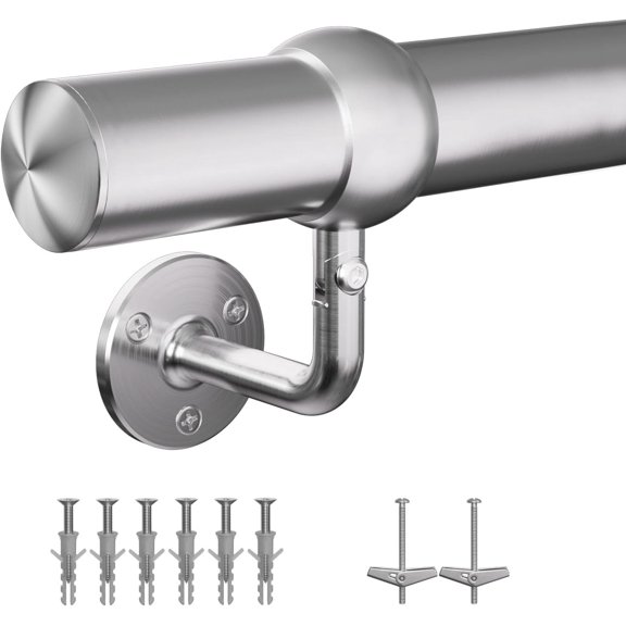 Stair Handrail Kit,4FT Heavy Duty Wall Mounted Railing System 304 Stainless Steel 1-11/16 Inch Pipe Indoor Outdoor Use Secure Grab Bar for Wood Concrete Brick Walls Staircase Railing Silver
