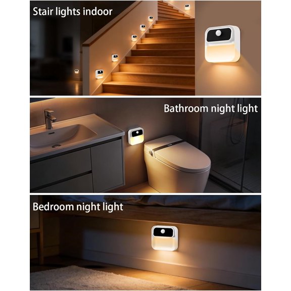 Stair Lights Indoor,2500mAh Rechargeable, Wireless Motion Sensor Night Light,Adjustable Brightness,Bathroom,Toilet Light,Cabinet,Bedroom,Stick on, mini wall Light(White, 3 Pack)