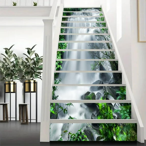 Stair Risers Stickers Decal - 3D Green Forest Waterfall Peel and Stick Vinyl Staircase Sticker for Stair Steps Home Office Decor 39.37"x7.09"