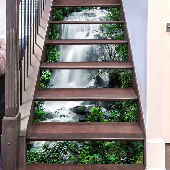 Stair Risers Stickers Decal - 3D Green Forest Waterfall Peel and Stick Vinyl Staircase Sticker for Stair Steps Home Office Decor 39.37"x7.09"