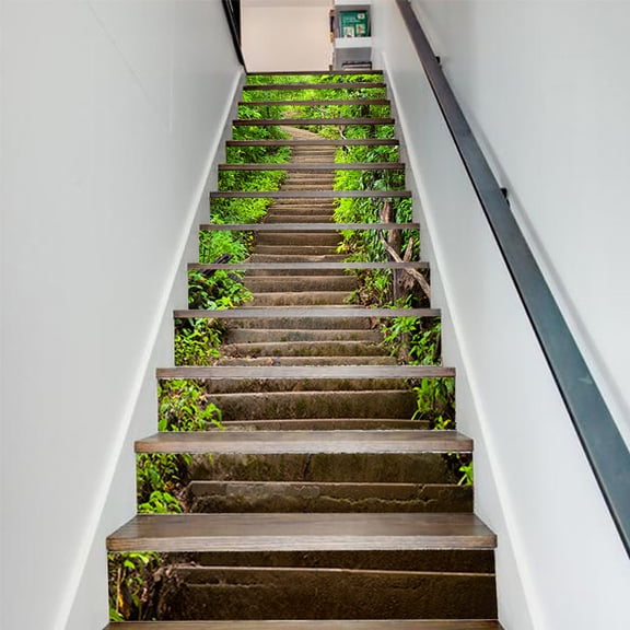 Stair Risers Wall Stickers - 13Pcs 3D Green Forest Steps Peel and Stick Vinyl Staircase Sticker -Stair Decals Decor for Stair Steps Home Office Decor 39.37"x7.09"