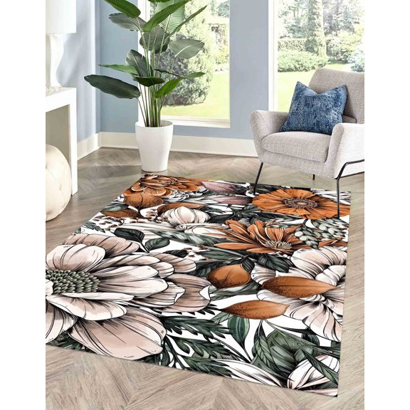 Stair Rug, Bathroom Rug, Home Decor Rug, Gift For Her, Flowers Pattern Rugs, Gradient Colors Rugs, Botanical Rug, Living Room Rug, Brown Rug, 3.3'x6.5' - 100x200 cm