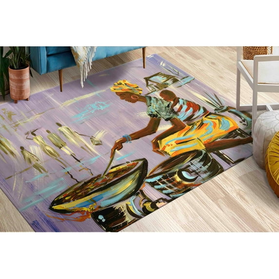 Stair Rug, Ethnic Rugs, African Woman Cooking Rugs, Abstract Rug, Indoor Rugs, African Mother Cooking Rugs, Gift For Him Rugs, Large Rug, 2.6'x5' - 80x150 cm