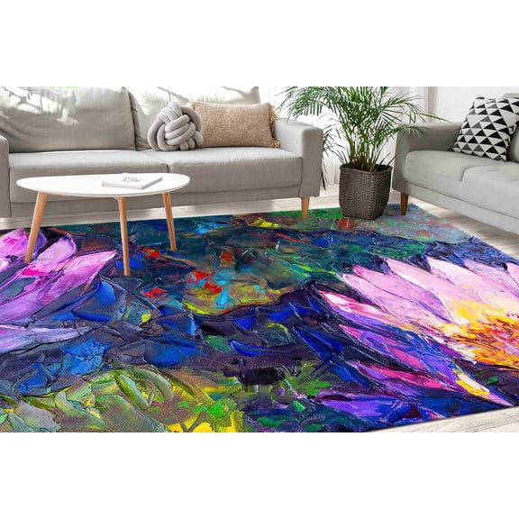 Stair Rug, Farmhouse Rug, Floral Rug, Bath Rug, Lotus Painting Rugs, Kitchen Rugs, Entry Rugs, Modern Rug, Modern Rug, Printed Rugs, 5.9'x9.2' - 180x280 cm