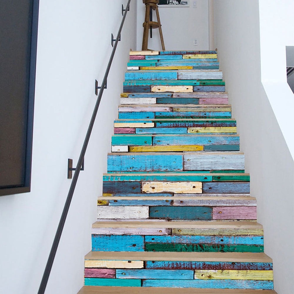 Stair Stickers WALL Home Rustic Colorful Patchwork Wooden Printed Stairs Self Adhesive Decoration Wall Sticker 39.37"x7.09"