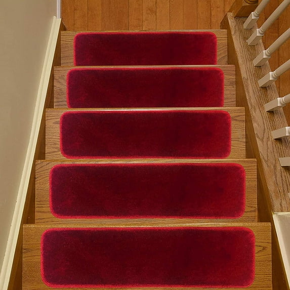Stair Tread Collection Indoor Skid Slip Resistant Carpet Stair Tread Machine Washable Euro Collection Stair Mat 8.5 inch x 30 inch (Set of 13, Red)