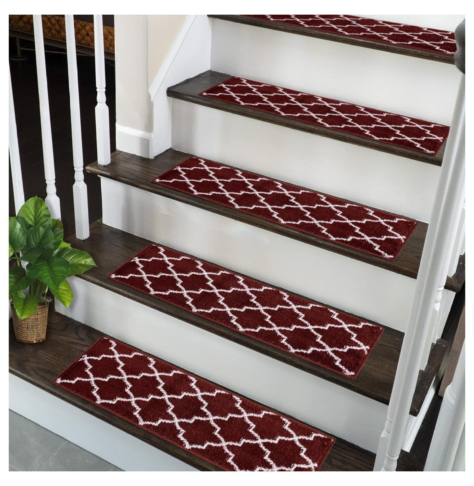 Stair Treads - 100% Polypropylene Carpet Strips for Indoor Stairs - Easy to Install Runner Rugs W/ Double Adhesive Tape - Safe, Extra-Grip, Decorative Mats - 4-Pack - Red