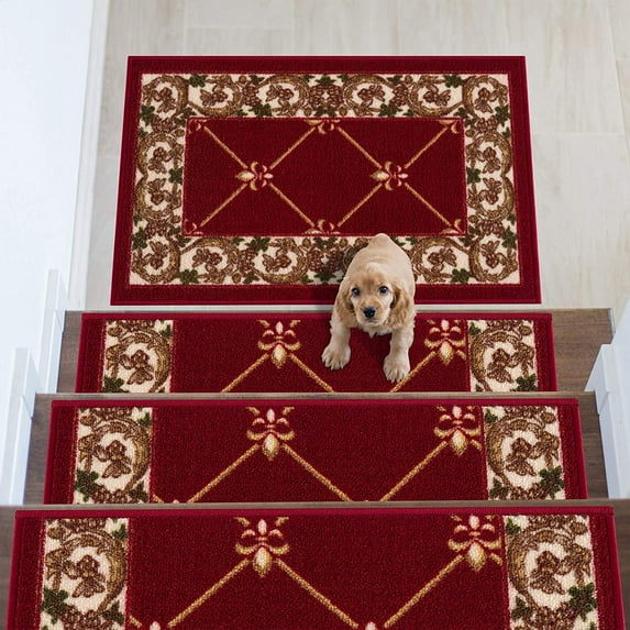 Stair Treads Fleur De Lis Floral Design Machine Washable Non Slip Backing, 8.5''X26''