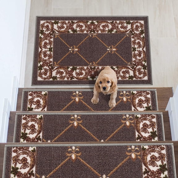 Stair Treads Fleur De Lis Floral Design Machine Washable Non Slip Backing, 8.5''X26''