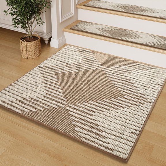Stair Treads Landing Mat Non Slip for Wooden Steps Indoor, 3D Peel and Stick Stair-Carpet Treads Washable Reusable Adhesive Stair Rugs for Kids and Dogs 31"x31" Brown