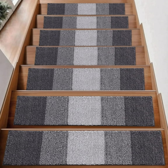 Stair Treads Non Slip 15PCS, 8" x 30" Indoor Stair Runners for Wooden Steps, Edging Stair Rugs with Reusable Peel and Stick Adhesive for Kids Elders and Pets, Navy