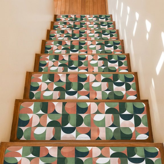 Stair Treads Non Slip Indoor for Wooden Steps, Abstract Geometric, 15 Pcs Stair Mats for Kids Elders Dogs, 8 x 30 Inch Chic Multi Middle Century Aesthetics Carpet Treads Runner Rugs for Staircase