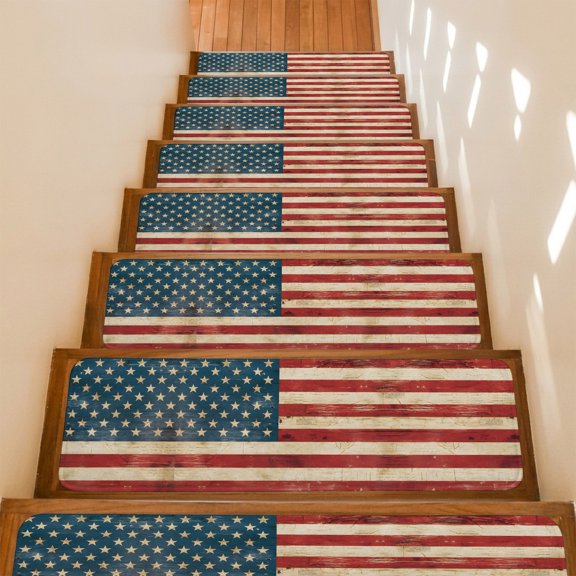 Stair Treads Non Slip Indoor for Wooden Steps, American Flag 15 Pcs Stair Mats for Kids Elders Dogs, 8 x 30 Inch Red Strip Vintage Shabby US Flag Carpet Treads Runner Rugs for Staircase