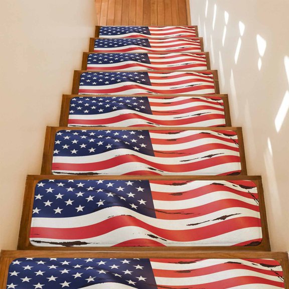 Stair Treads Non Slip Indoor for Wooden Steps, American Flag 4 Pcs Stair Mats for Kids Elders Dogs, 8 x 30 Inch Red Blue USA Flag Carpet Treads Runner Rugs for Staircase