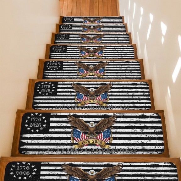 Stair Treads Non Slip Indoor for Wooden Steps, Anniversary USA Flag 15 Pcs Stair Mats for Kids Elders Dogs, 8 x 30 Inch Black American Flag Eagle Carpet Treads Runner Rugs for Staircase