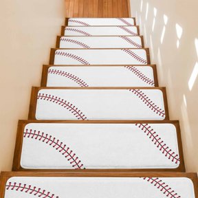 Stair Treads Non Slip Indoor for Wooden Steps, Baseball 15 Pcs Stair Mats for Kids Elders Dogs, 8 x 30 Inch Modern Minimalist Red Lines Carpet Treads Runner Rugs for Staircase