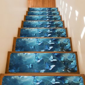 Stair Treads Non Slip Indoor for Wooden Steps, Blue Butterfly 15 Pcs Stair Mats for Kids Elders Dogs, 8 x 30 Inch Modern Elegant Water Ripples Carpet Treads Runner Rugs for Staircase